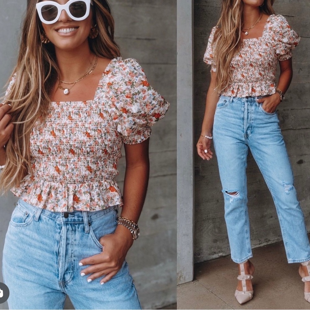 Roan Cotton Puff Sleeve Floral Smocked Top